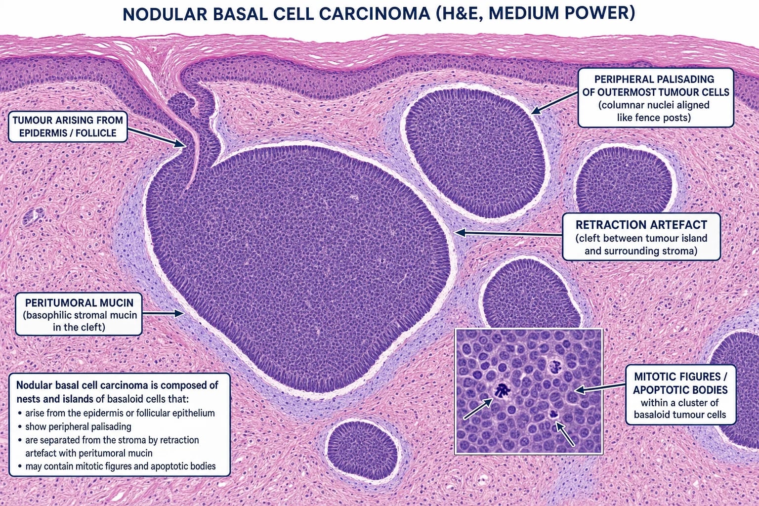H&E of nodular BCC showing basaloid tumour islands with peripheral palisading, retraction artefact and peritumoral mucin
