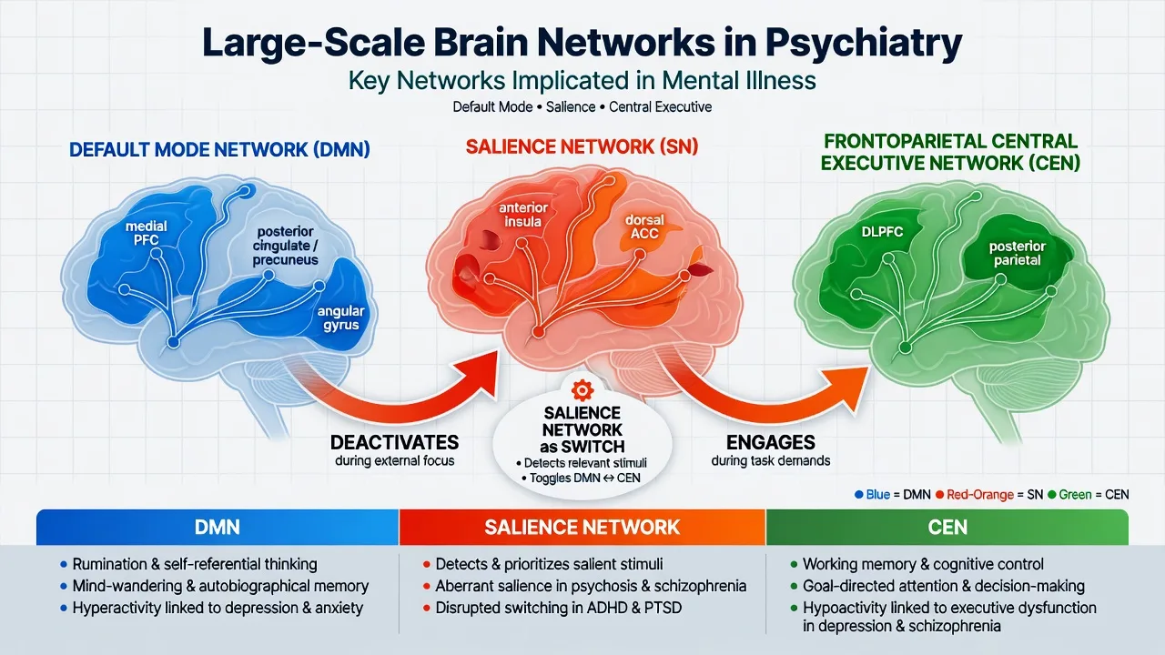 Triple network model illustration showing default mode network salience network and frontoparietal executive network with switching arrows and clinical mappings