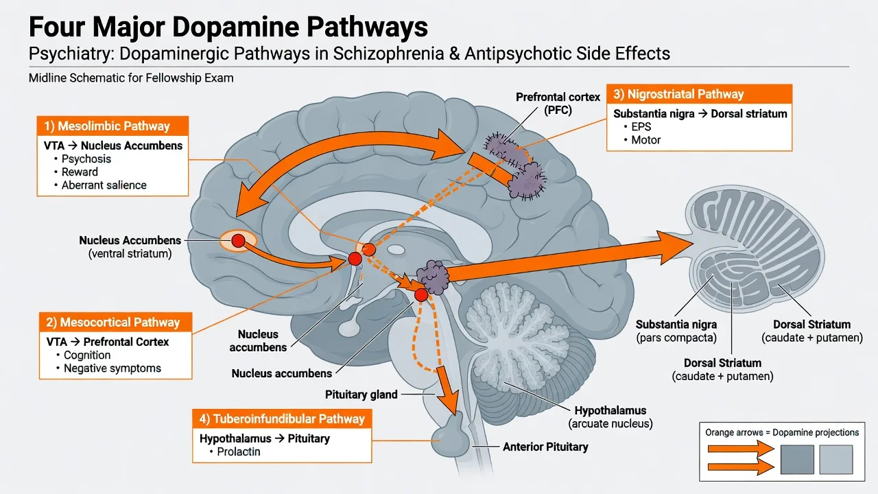 Diagram of four dopamine pathways mesolimbic mesocortical nigrostriatal and tuberoinfundibular with clinical labels for psychosis cognition EPS and prolactin