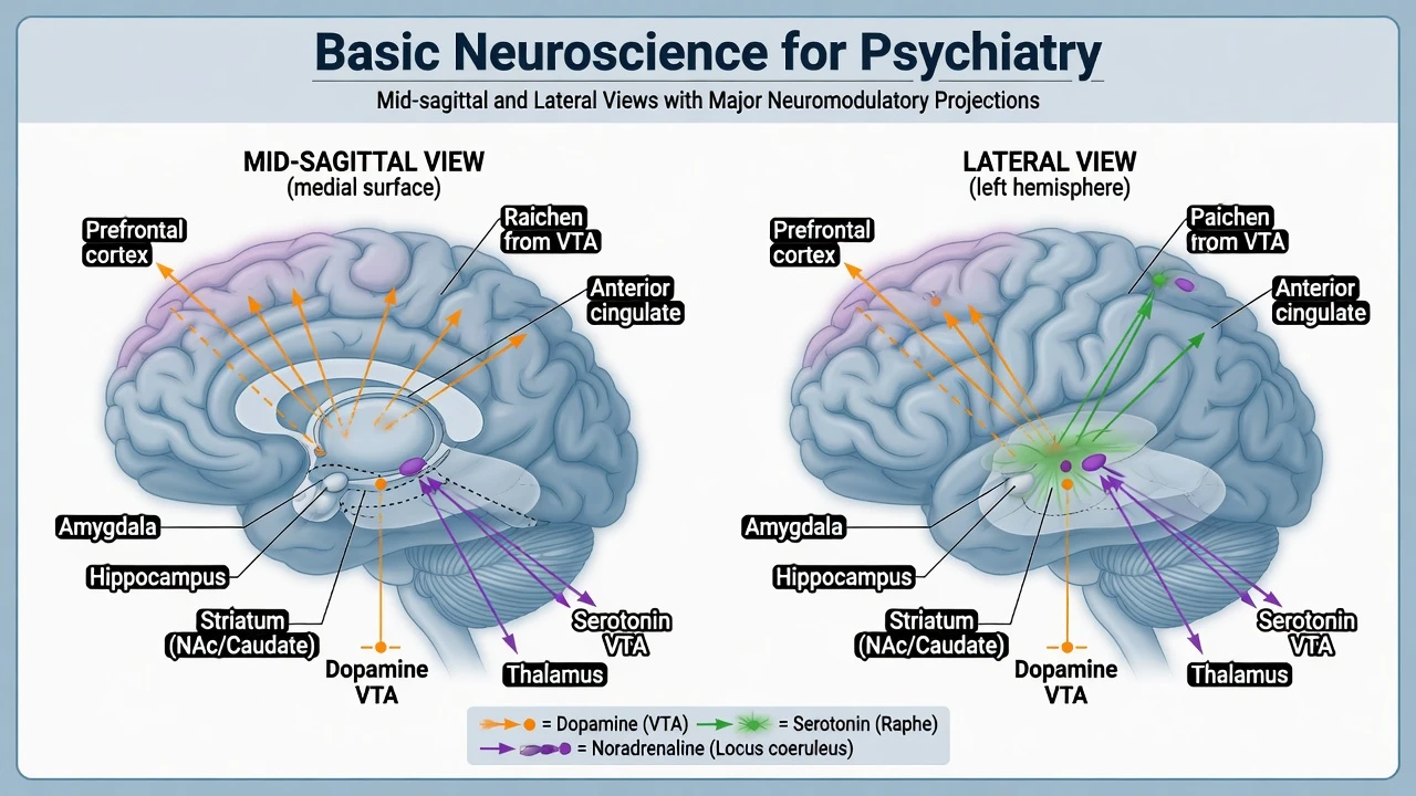 Educational illustration of brain regions and monoamine pathways relevant to psychiatry including prefrontal cortex, amygdala, hippocampus, striatum and transmitter projections