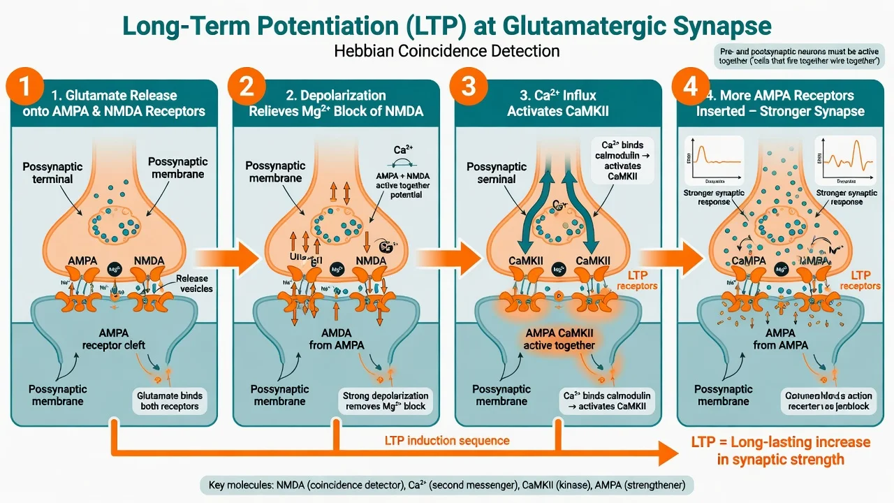 Stepwise long-term potentiation diagram from glutamate release through NMDA calcium influx to AMPA receptor insertion
