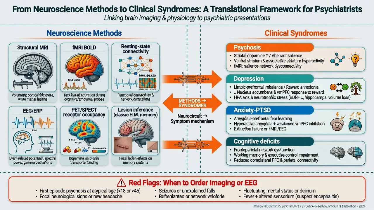 Infographic linking neuroscience methods MRI fMRI EEG PET lesions to clinical syndromes psychosis depression anxiety PTSD and organic red flags
