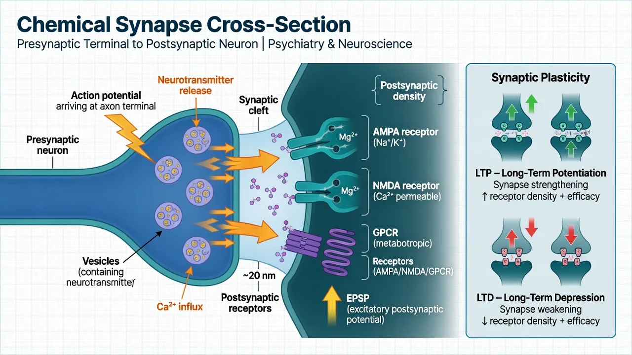 Labeled chemical synapse diagram showing presynaptic vesicles calcium influx synaptic cleft and postsynaptic AMPA NMDA and metabotropic receptors with LTP and LTD side panel