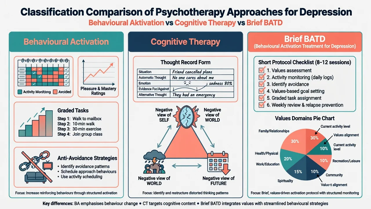 Three-panel comparison of Behavioural Activation, Cognitive Therapy, and brief BATD packages