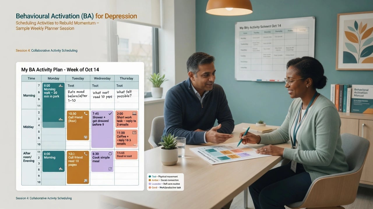 Clinician and patient collaboratively reviewing a weekly activity schedule worksheet in a calm consulting room