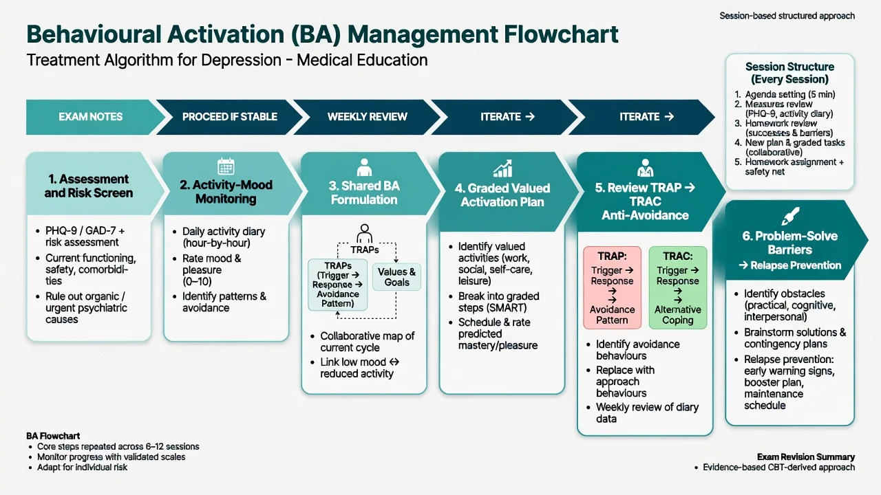 Flowchart of behavioural activation treatment from assessment through monitoring, formulation, graded activation, TRAC work, and relapse prevention