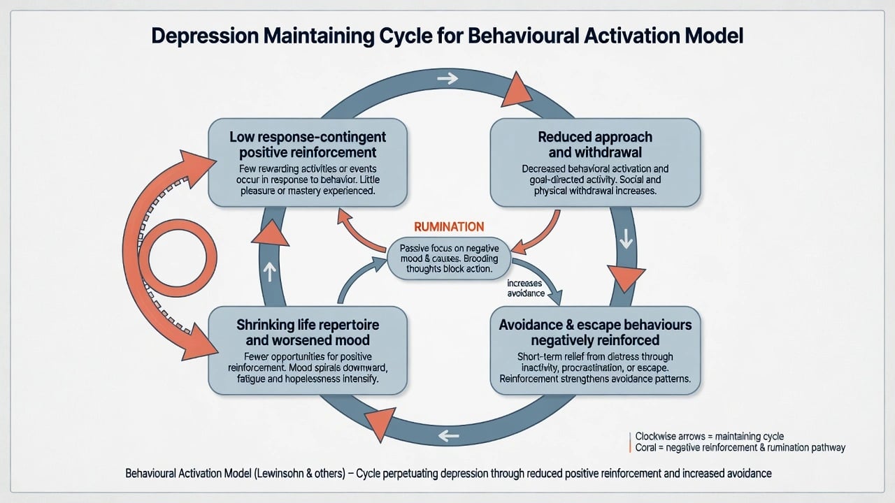 Circular maintaining model linking low positive reinforcement, withdrawal, avoidance, and shrinking life repertoire