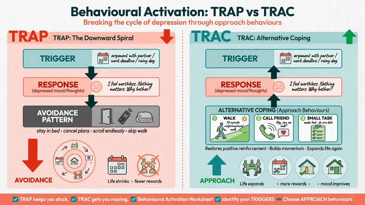 Side-by-side TRAP avoidance cycle and TRAC alternative coping cycle for behavioural activation