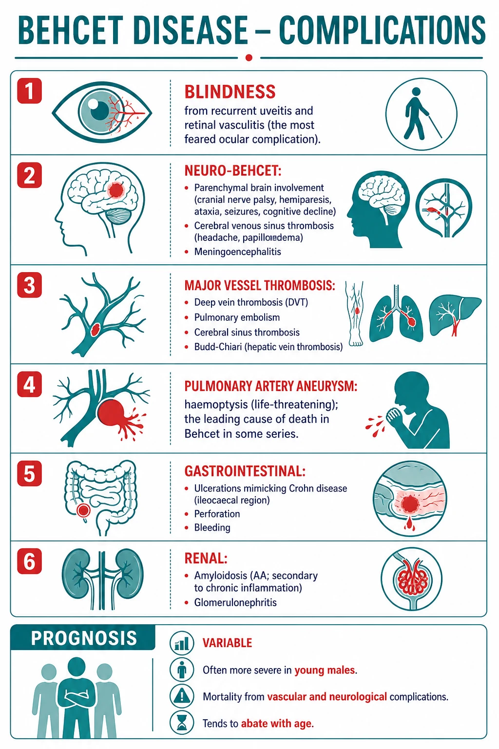 Complications of Behçet disease: blindness, neuro-Behçet, major-vessel thrombosis, pulmonary artery aneurysm, gastrointestinal ulceration, renal amyloidosis