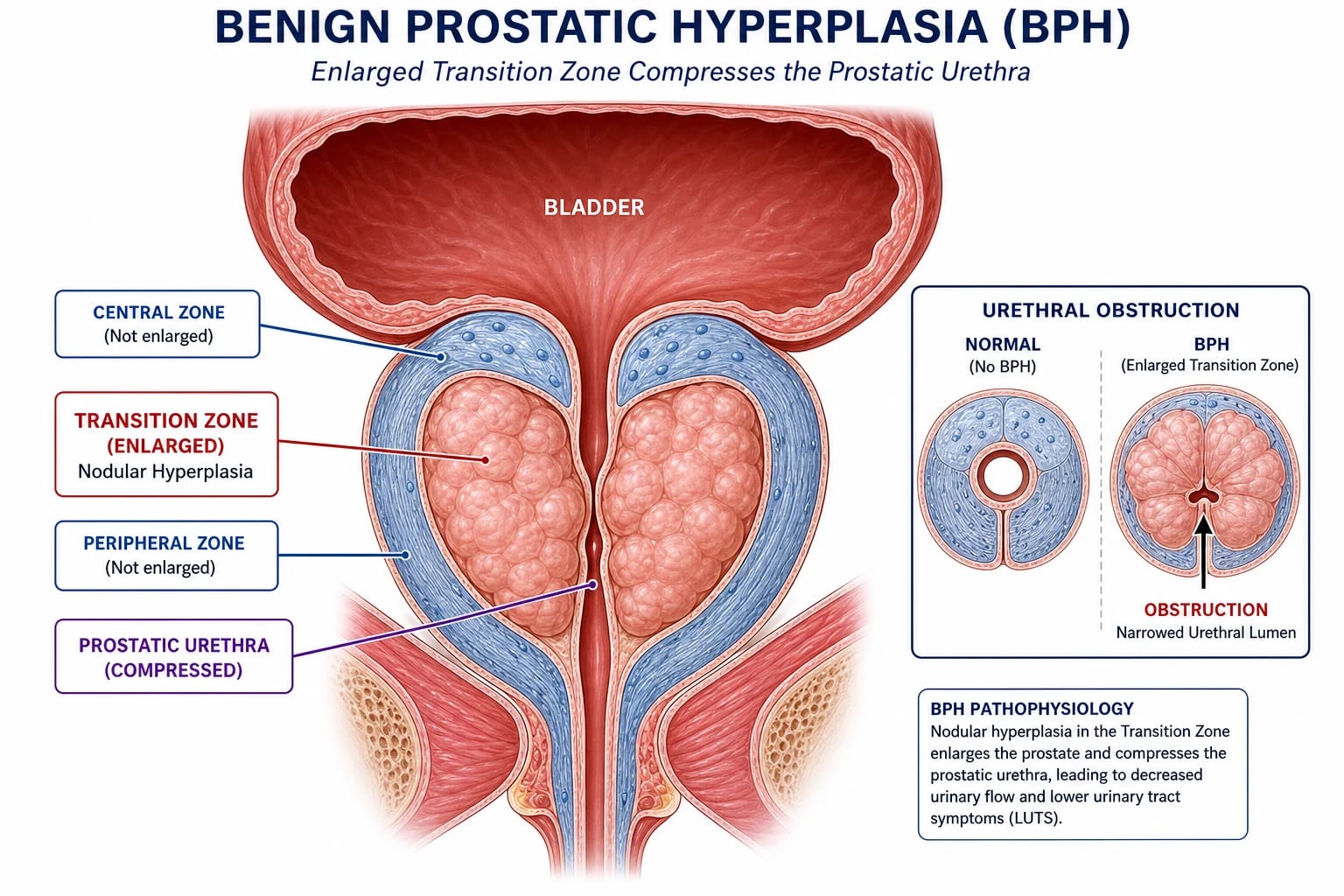 Cross-section of the prostate showing transition zone hyperplasia compressing the prostatic urethra, with the peripheral zone compressed outward.