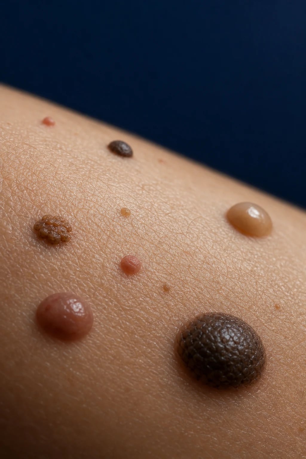 Cinematic 3D abstract close-up of skin with several different small raised growths of varying textures and colours — smooth dome, waxy stuck-on plaque, soft mobile nodule, red vascular papule — against a deep navy background