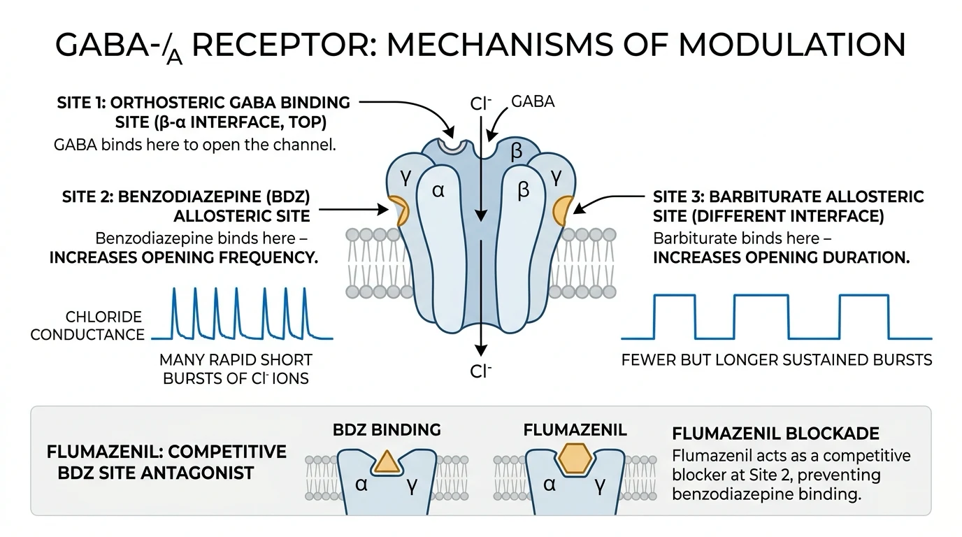 A clean clinical schematic of the GABA-A pentameric chloride channel showing three distinct binding sites: GABA at the orthosteric site between beta and alpha subunits; the benzodiazepine at the alpha-gamma interface, with an inset trace showing more frequent shorter chloride channel openings (increased FREQUENCY); the barbiturate at a separate allostereric site between alpha and beta, with an inset trace showing fewer but longer openings (increased DURATION); and flumazenil drawn competing at the benzodiazepine alpha-gamma site as a competitive antagonist. White background, clinical-blue arrows, chloride ions shown entering the pore.