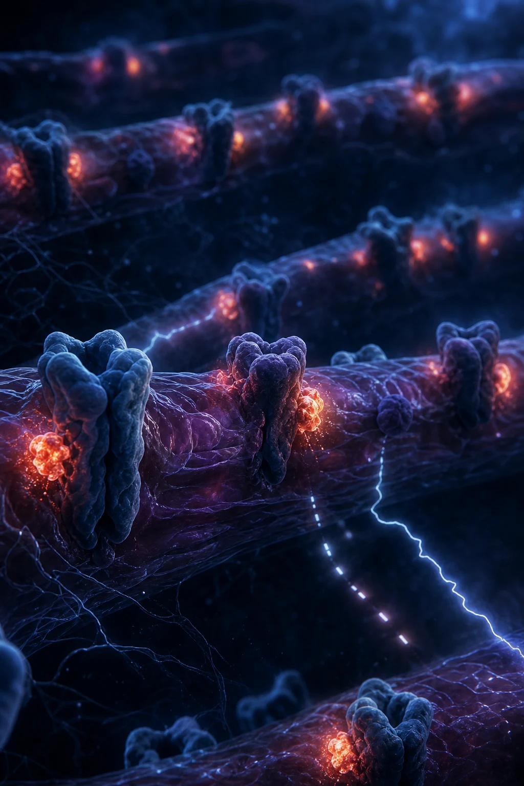 Cinematic 3D abstract illustration of cardiac ion channels and receptors blocked at multiple sites, with electrical conduction slowed, against a deep navy background