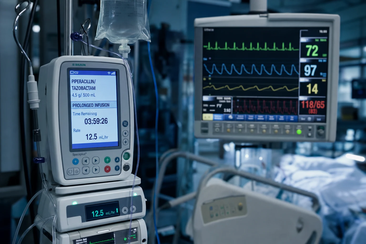 Cinematic ICU scene of an antibiotic infusion pump showing a piperacillin-tazobactam prolonged infusion running, a cardiac monitor, clinical-blue lighting, a careful attentive mood