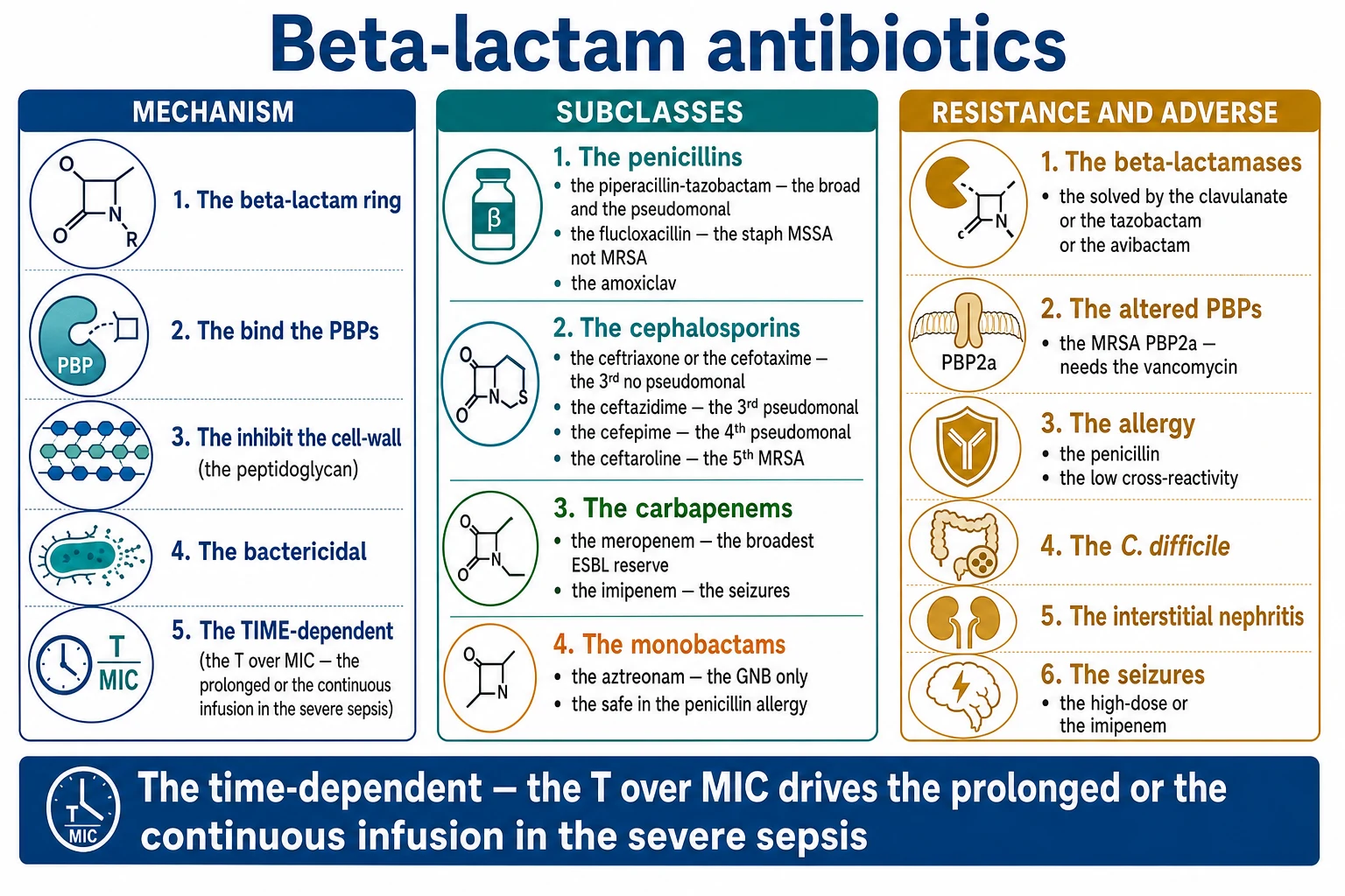 Three-panel infographic on a white clinical-blue background: LEFT mechanism (beta-lactam ring; bind PBPs; inhibit cell-wall peptidoglycan; bactericidal; TIME-dependent T over MIC prolonged/continuous infusion severe); CENTRE subclasses (penicillins piperacillin-tazobactam broad/pseudomonal, flucloxacillin staph MSSA not MRSA, amoxiclav; cephalosporins ceftriaxone/cefotaxime 3rd no pseudomonal, ceftazidime 3rd pseudomonal, cefepime 4th pseudomonal, ceftaroline 5th MRSA; carbapenems meropenem broadest ESBL reserve, imipenem seizures; monobactams aztreonam GNB only safe penicillin allergy); RIGHT resistance and adverse (beta-lactamases clavulanate/tazobactam/avibactam; altered PBPs MRSA PBP2a vancomycin; allergy low cross-reactivity; C. difficile; interstitial nephritis; seizures). Banner 'Time-dependent — T over MIC prolonged/continuous infusion severe sepsis'. Flat vector illustration, crisp typography.