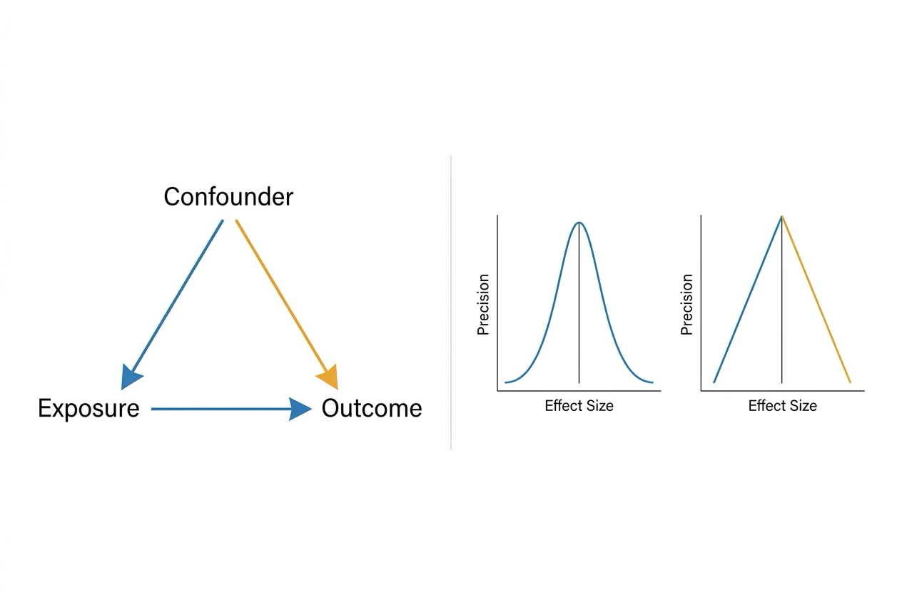 Two panels: on the left, a triangle with Exposure, Outcome and a third variable labelled Confounder at the apex, with arrows from the confounder to both the exposure and the outcome showing how it distorts the exposure-outcome relationship; on the right, a funnel plot comparing a symmetric scatter of studies (no publication bias) with an asymmetric scatter missing its small-study negative half (publication bias)