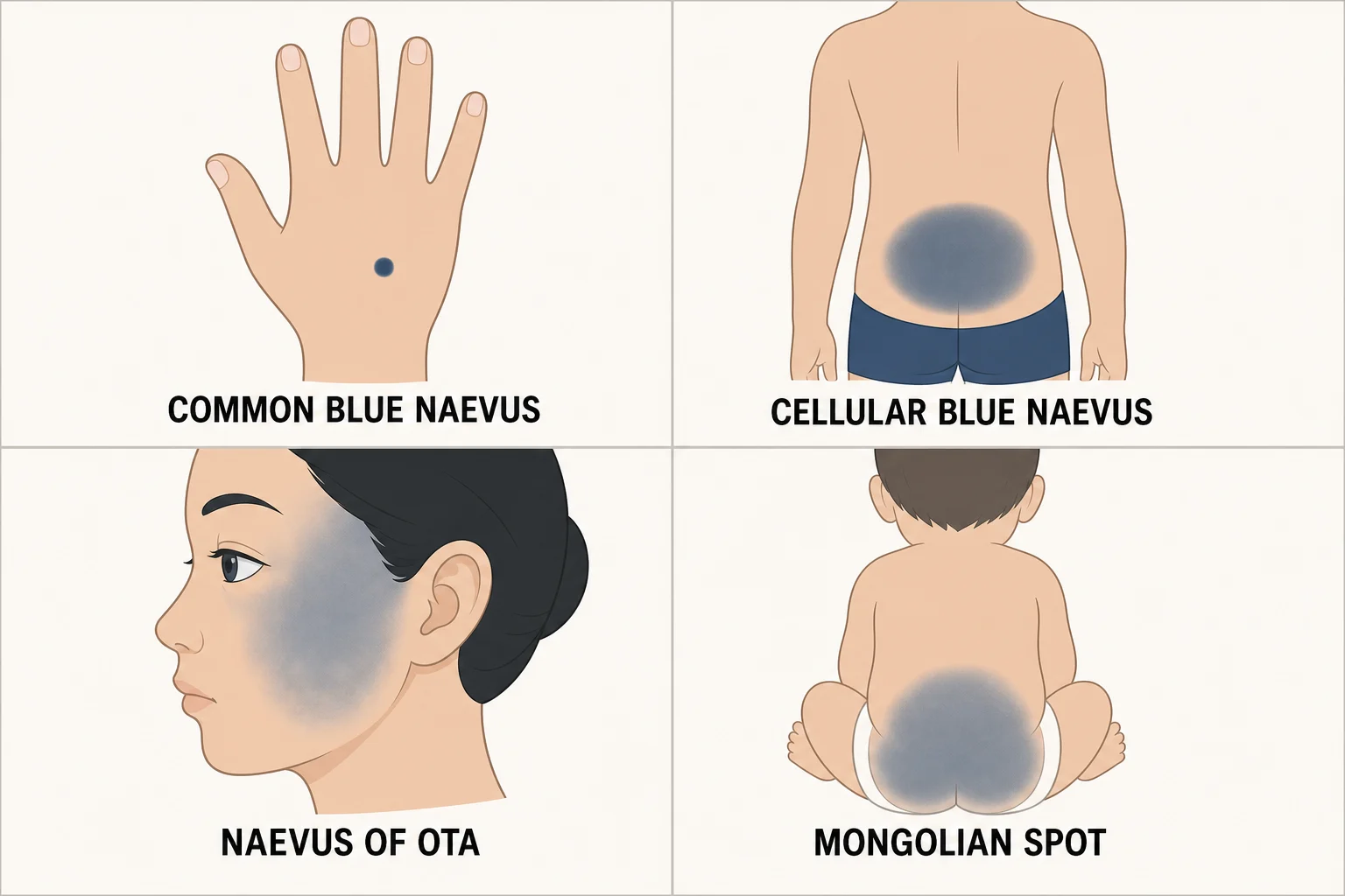 Four-panel comparison of common blue naevus, cellular blue naevus, naevus of Ota and Mongolian spot