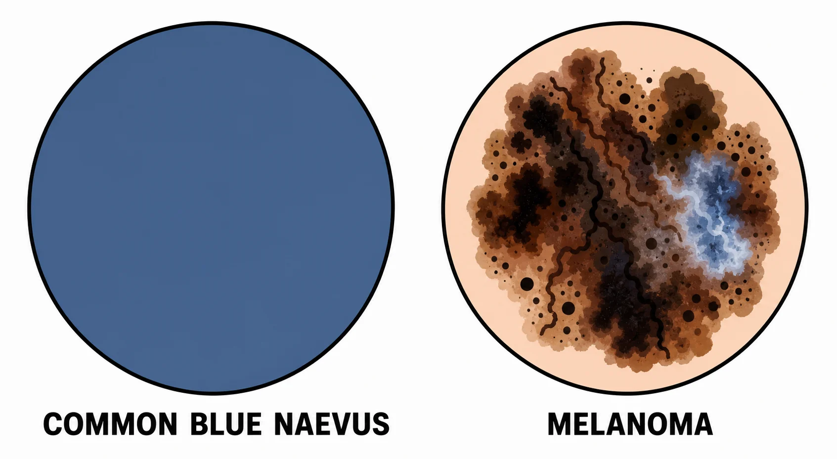 Two dermoscope views: common blue naevus (homogeneous structureless blue) versus melanoma (asymmetric, atypical network, blue-white veil)
