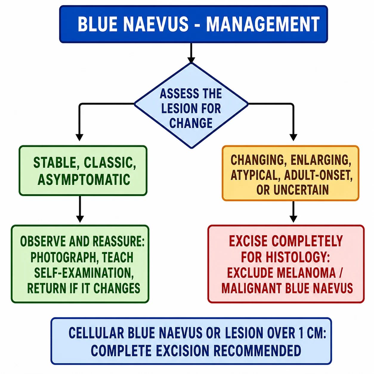 Management flowchart: stable classic lesion to observe and reassure; changing or atypical lesion to excise