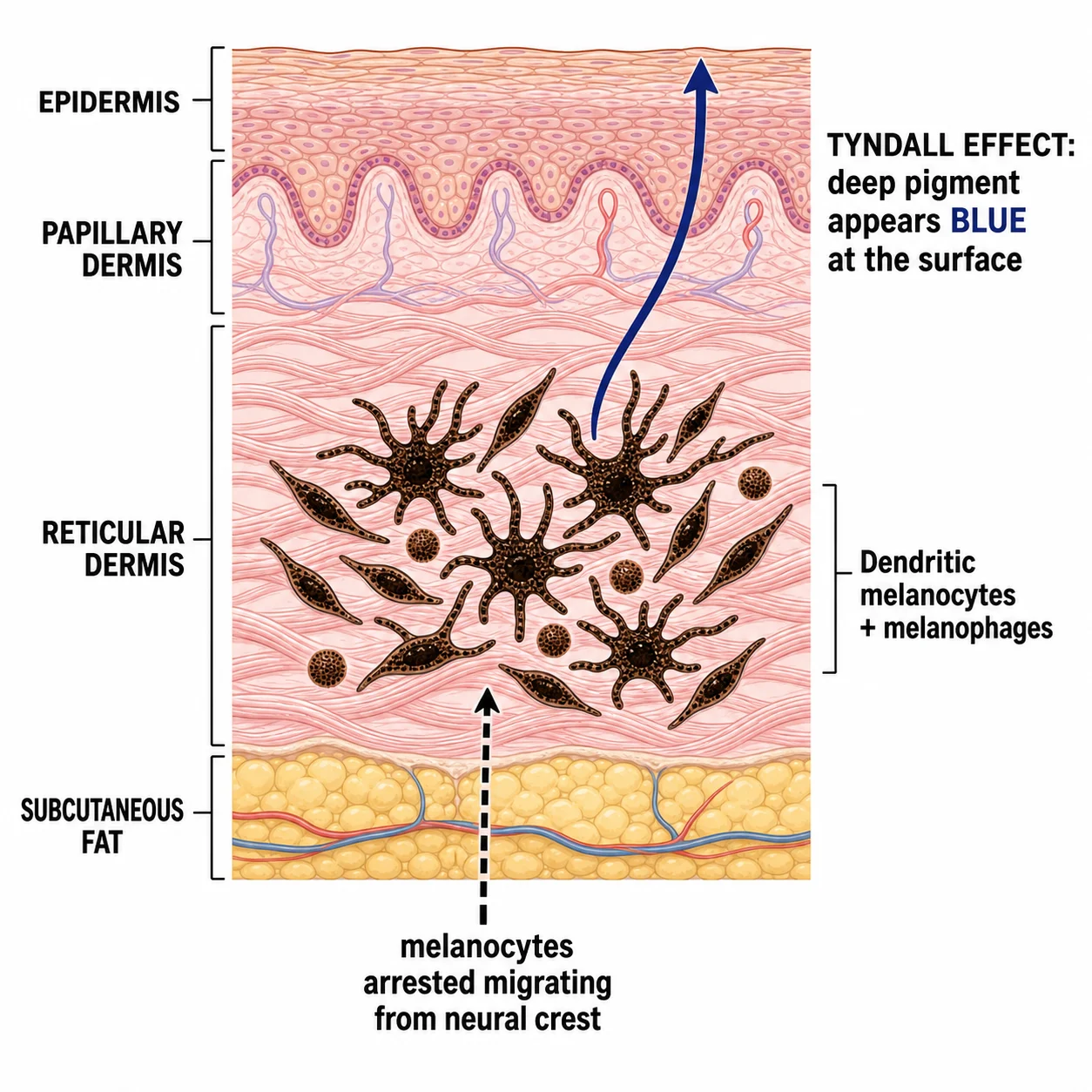 Labelled skin cross-section showing dendritic melanocytes deep in the reticular dermis with a Tyndall-effect arrow