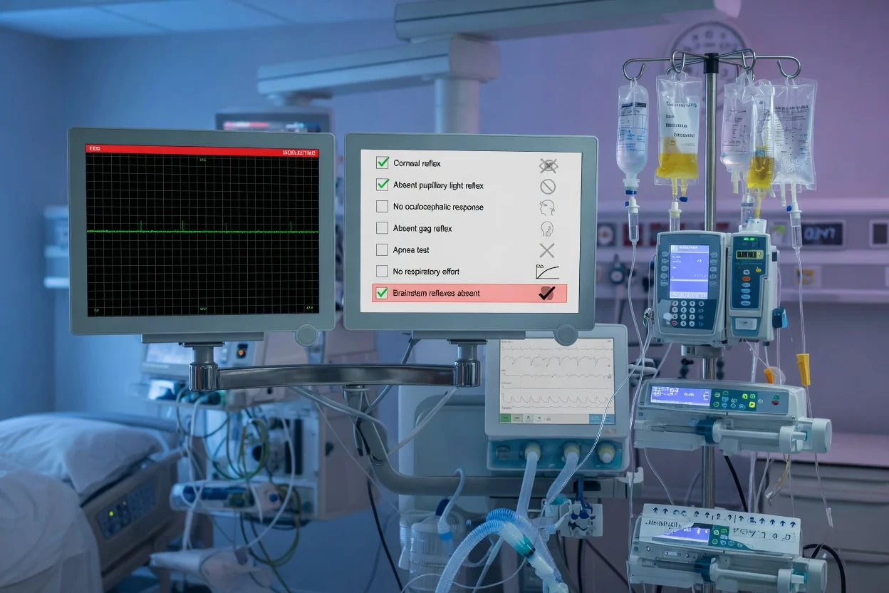 Cinematic ICU scene of a brain-dead donor on monitoring with apnoea test documentation, a cerebral blood flow study on the screen, hormonal resuscitation (vasopressin, triiodothyronine, insulin) running, an organ donation team coordinating, clinical-blue lighting, medical educational, no faces, no text
