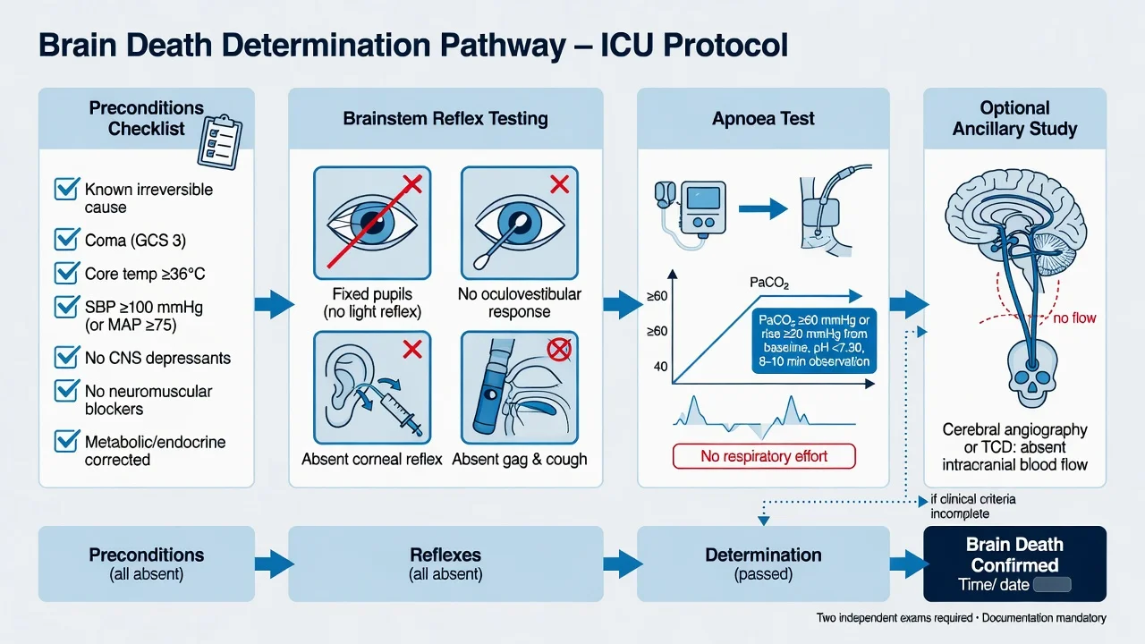 Brain death determination pathway: preconditions checklist, brainstem reflex testing, apnoea test PaCO2 targets, optional ancillary cerebral blood flow study