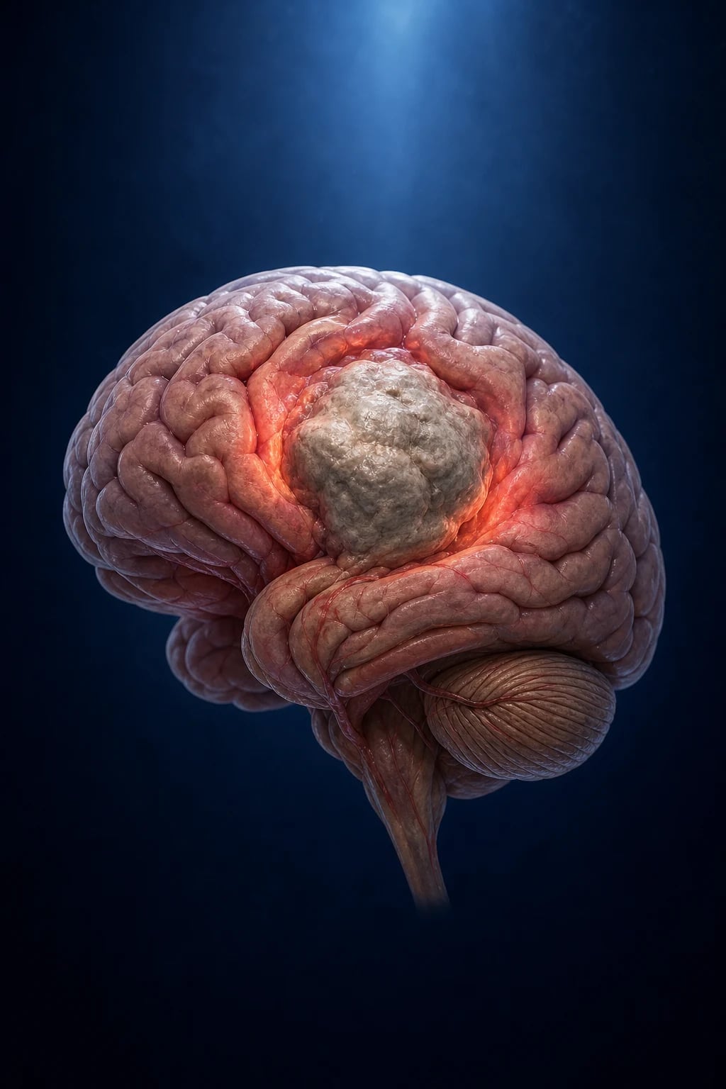 Illustration of intracranial tumours showing glioma, meningioma, pituitary adenoma and metastasis.