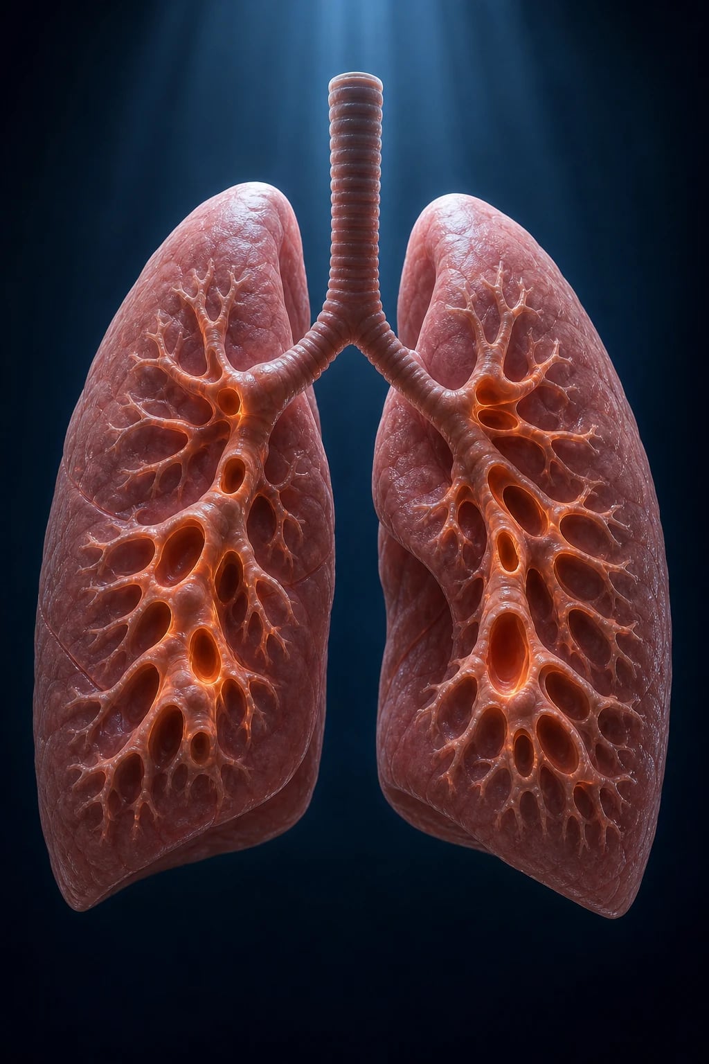 Cinematic 3D close-up of dilated bronchus with destroyed muscular wall, retained purulent mucus, hypertrophied bronchial artery, neutrophil infiltrate
