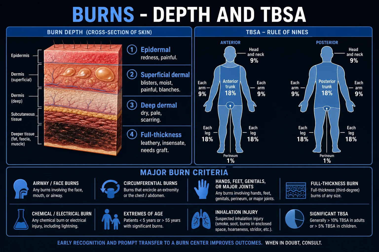 Clean infographic showing burn depth classification alongside the adult Rule of Nines TBSA chart and major-burn referral criteria