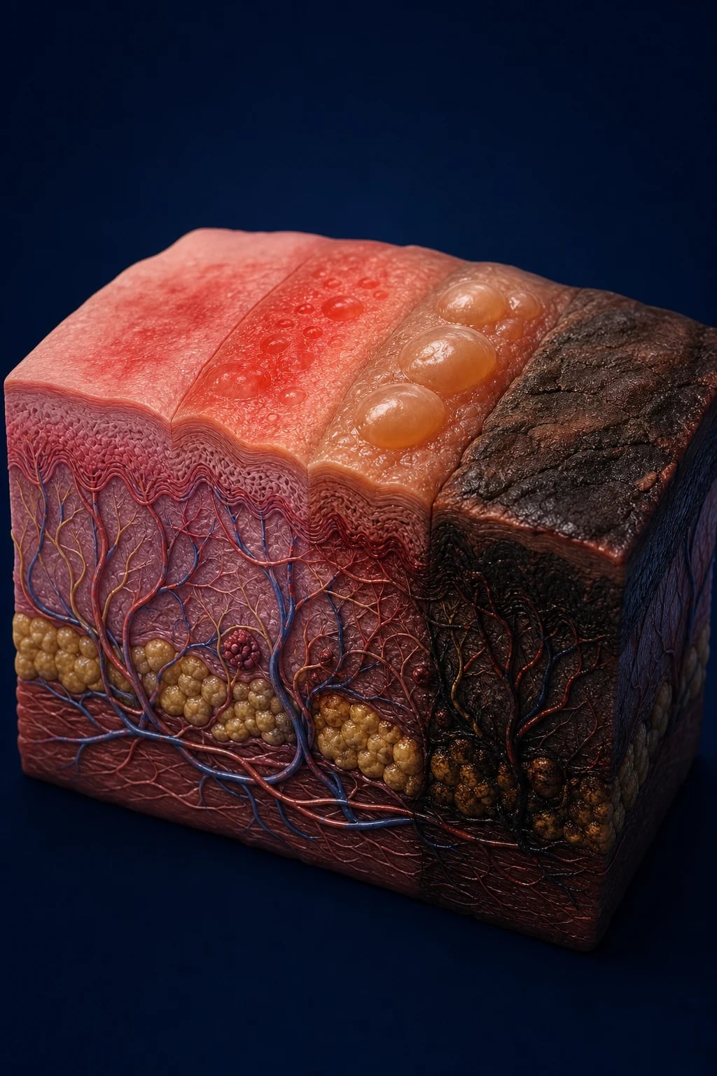 Cinematic 3D abstract cross-section of skin layers showing different burn depths from surface redness through blistering to full-thickness leathery change, against a deep navy background
