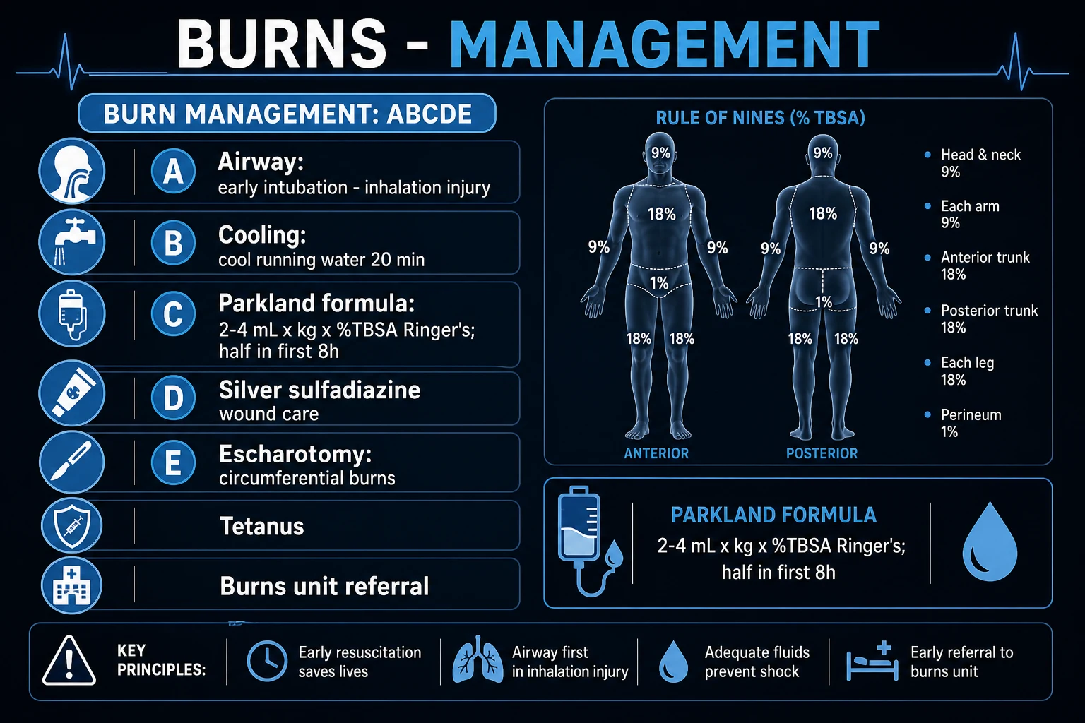 Clean management infographic: ABCDE and airway intubation, Parkland fluid resuscitation by TBSA, wound care with silver sulfadiazine, escharotomy for circumferential burns, and burns-unit referral criteria
