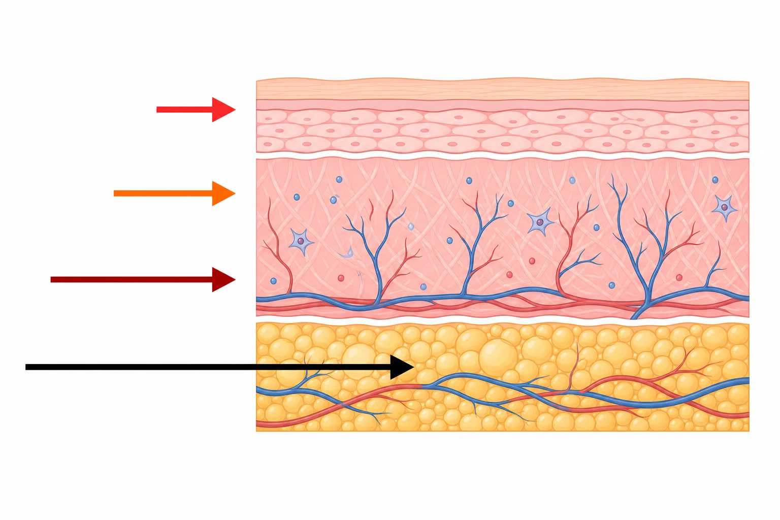 Skin cross-section: three horizontal layers (epidermis, dermis, subcutaneous) with four colored arrows of increasing length pointing in at increasing depths — red (superficial), orange (partial), dark-red (deep partial), black (full thickness)