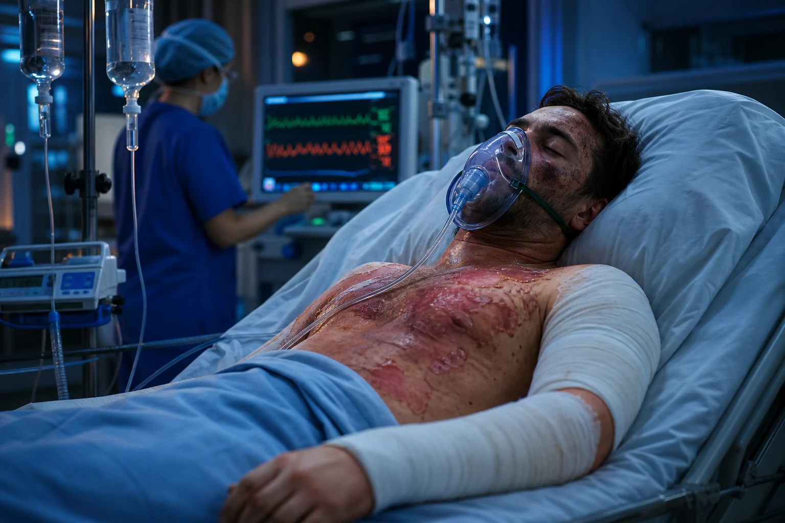 Cinematic ICU scene of a burn patient with partial-thickness burns on chest and arm, soot around the face suggesting inhalation injury, oxygen mask, IV fluid resuscitation, cardiac monitor tachycardia, clinical-blue lighting