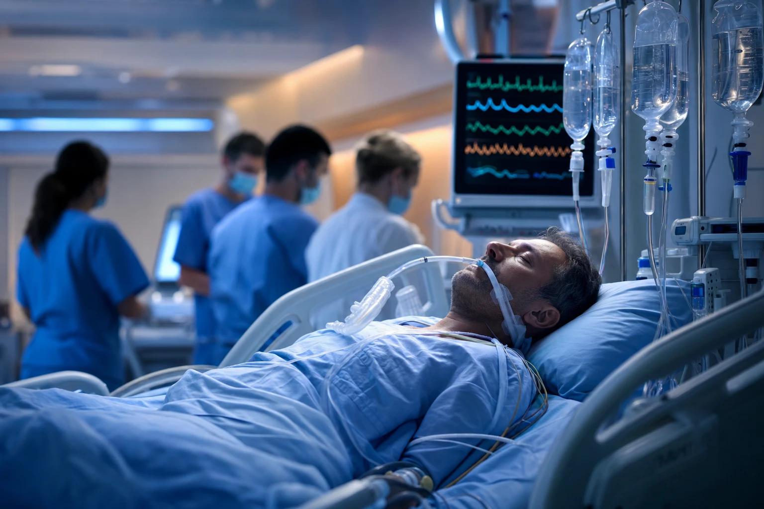 Cinematic ICU scene of a patient on a monitored bed receiving care with multiple IV lines, cardiac monitor glowing, clinical-blue lighting with warm amber accents