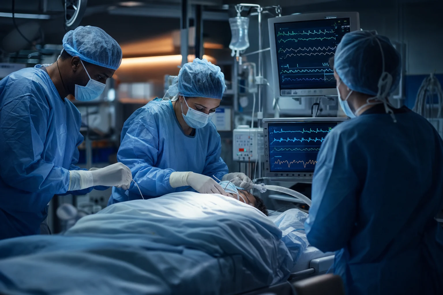 Cinematic ICU scene of a clinical team attending to a burn patient, sterile drapes in place, cardiac monitor, IV lines, clinical-blue lighting
