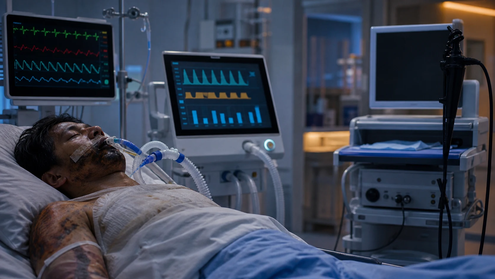 Cinematic ICU scene of an intubated burn patient connected to a ventilator, soot marks around the tube at the mouth, elevated airway pressures on the ventilator, bronchoscope cart nearby, cardiac monitor tachycardia, clinical-blue lighting