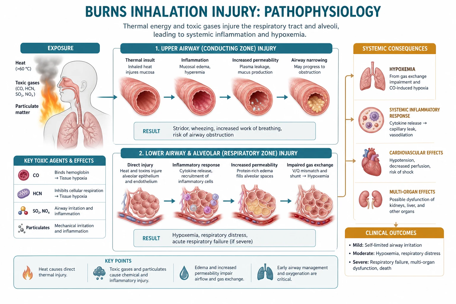 Educational diagram of inhalation injury components: upper airway thermal oedema, lower airway chemical pneumonitis, systemic CO and cyanide toxicity, clinical-blue