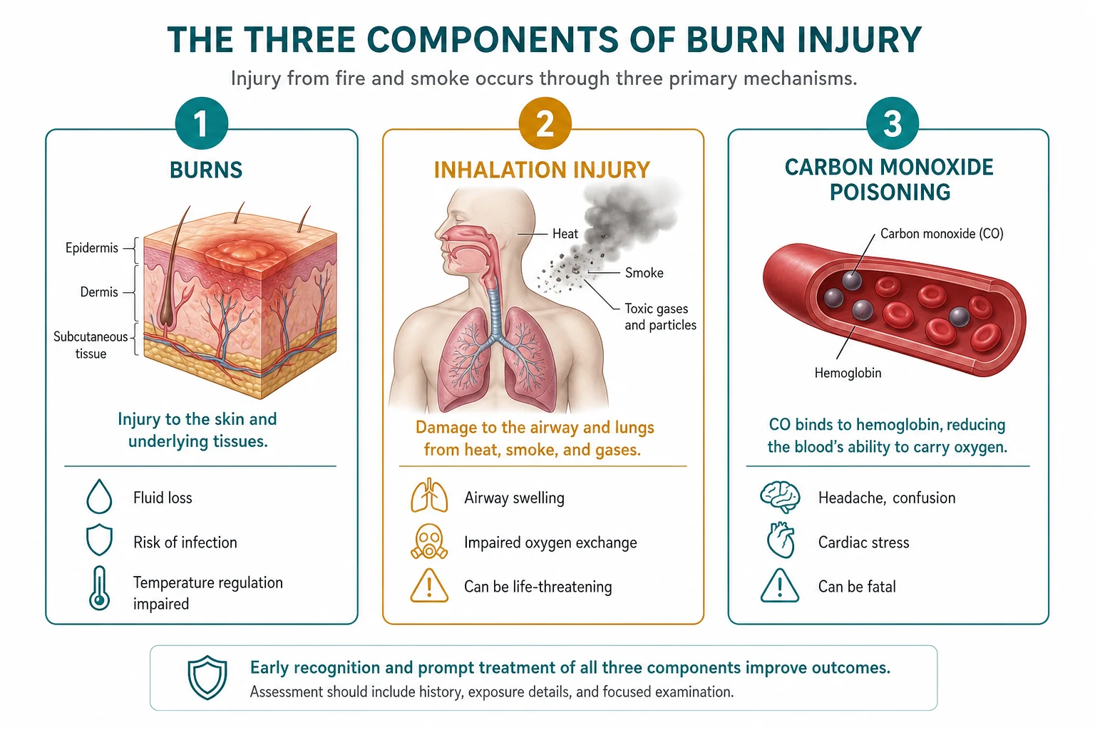 Three vertical columns: orange with flame (upper airway thermal), teal with lungs+dots (lower airway chemical), red with blood-drop+dark-molecule (systemic CO), on a white clinical-blue background