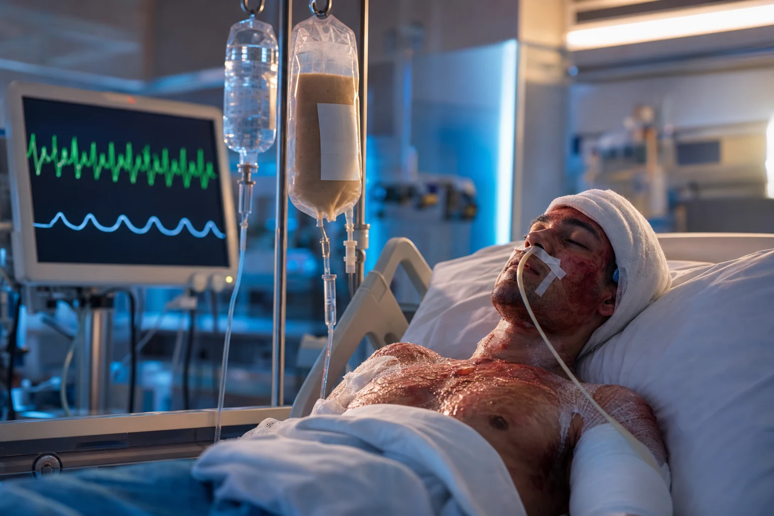 Cinematic ICU scene of a burn patient with an enteral feeding tube, nutritional formula infusion alongside IV fluids, cardiac monitor tachycardia, clinical-blue lighting
