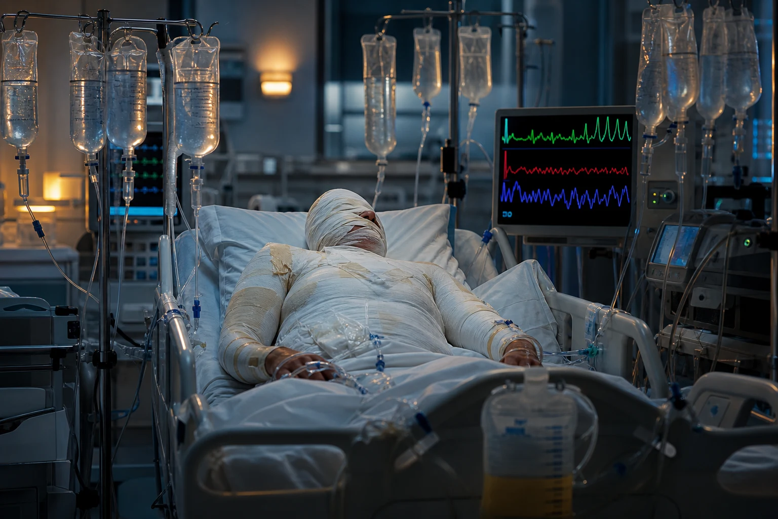 Cinematic ICU scene of a burn patient with multiple high-rate IV fluid lines, a metered urinary catheter, large bags of lactated Ringer's, cardiac monitor tachycardia, clinical-blue lighting