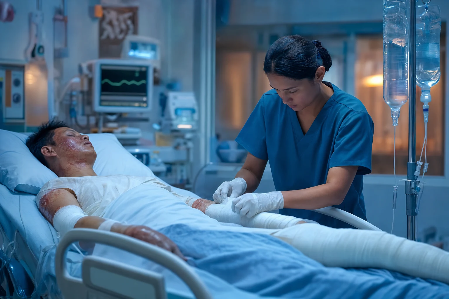 Cinematic ICU scene of a burn patient with limbs wrapped in white antimicrobial dressings, a nurse adjusting dressings, IV antibiotics, cardiac monitor glowing, clinical-blue lighting