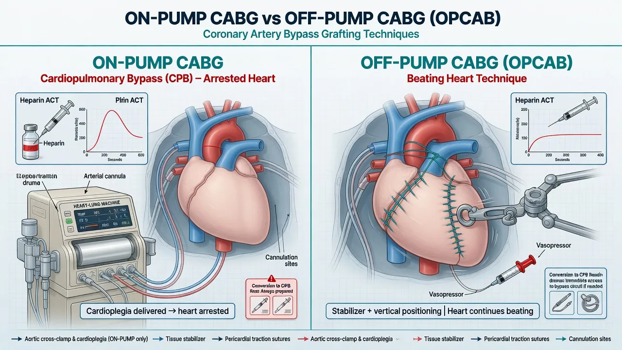 On-pump versus off-pump CABG comparison diagram