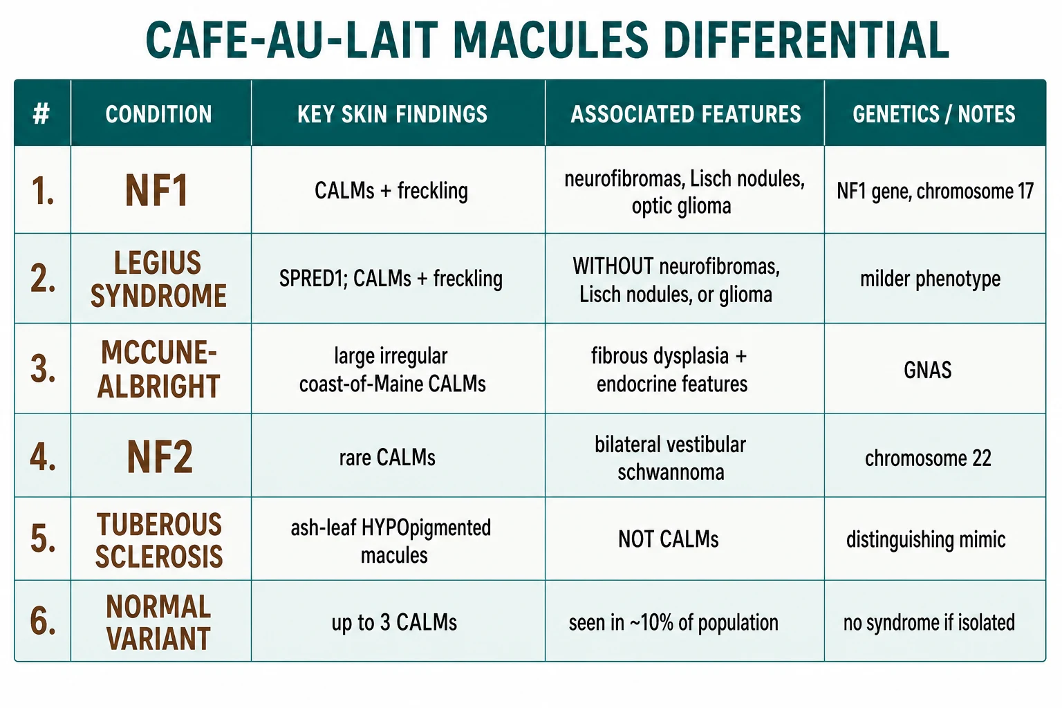 6 conditions: NF1 (CALMs + freckling + neurofibromas), Legius syndrome (CALMs + freckling WITHOUT neurofibromas; SPRED1), McCune-Albright (large irregular CALMs + fibrous dysplasia + endocrine), NF2 (rare CALMs), tuberous sclerosis (ash-leaf hypopigmented NOT CALMs), normal (up to 3 CALMs)