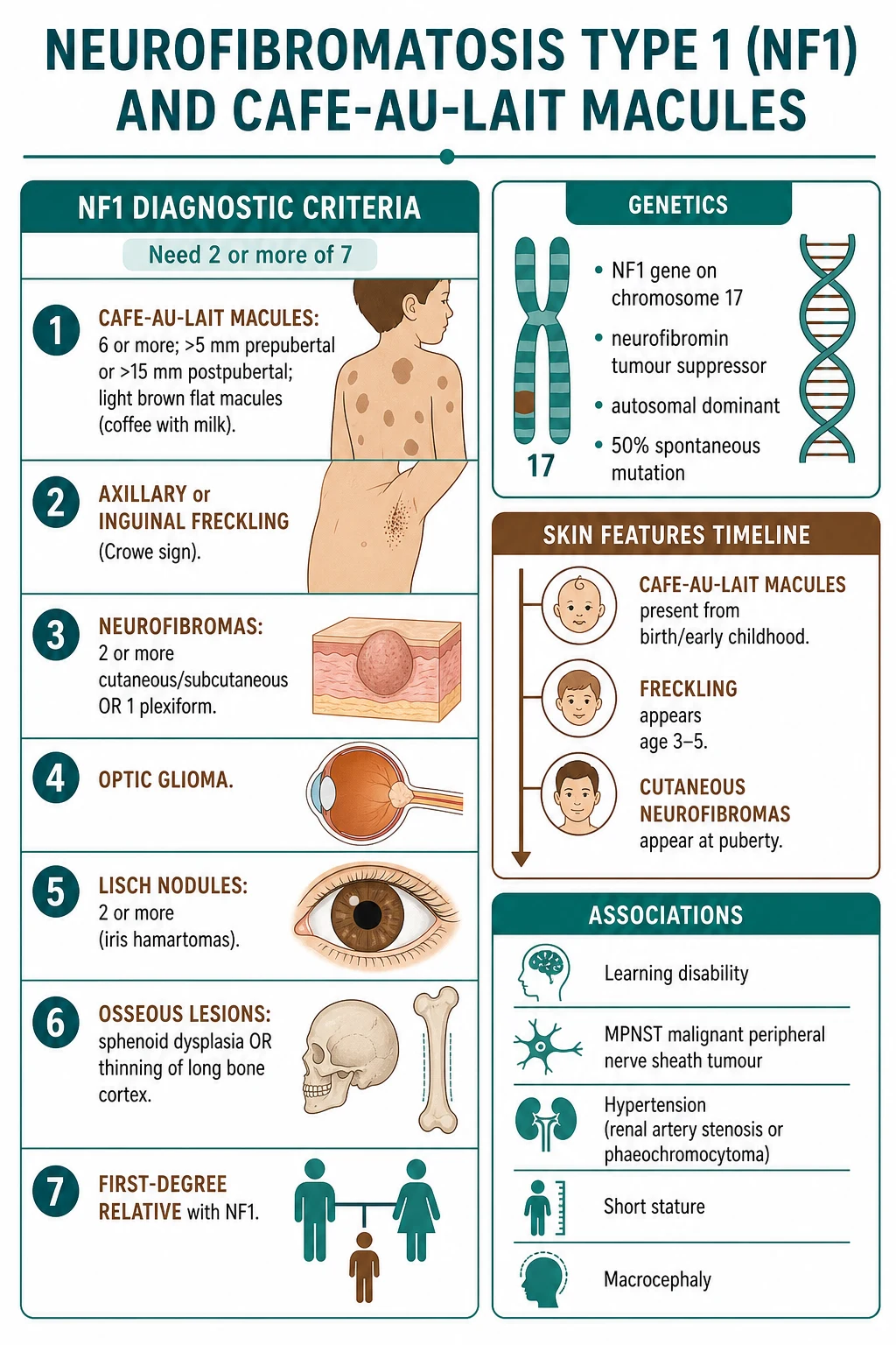 NIH diagnostic criteria (≥2 of 7): CALMs ≥6, freckling (Crowe), neurofibromas, optic glioma, Lisch nodules, osseous lesions, family history; NF1 gene chr 17