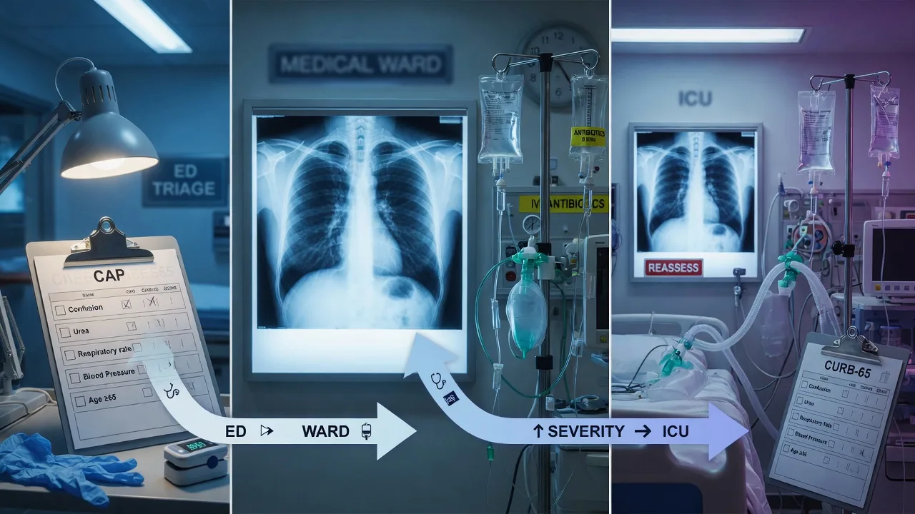 Cinematic hospital scene of a pneumonia severity pathway poster showing CURB-65 and PSI scoring on a wall beside a patient with a chest X-ray of consolidation, clinical-blue lighting, medical educational, no faces, no text