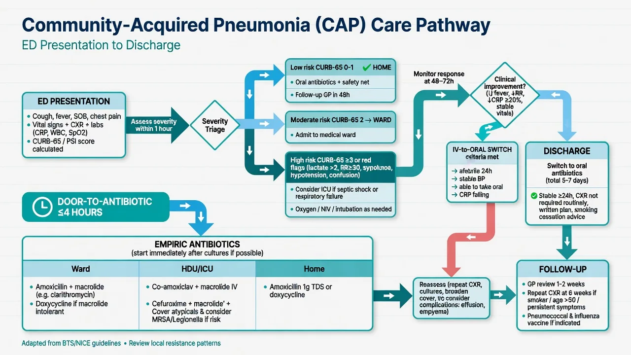 Integrated CAP care pathway flowchart from ED presentation through severity triage, empiric antibiotics, response monitoring, IV-to-oral switch, discharge and follow-up