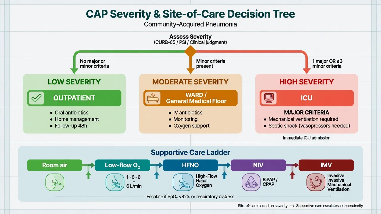 CAP severity and site-of-care decision tree: outpatient, ward, or ICU with supportive care ladder from room air to IMV