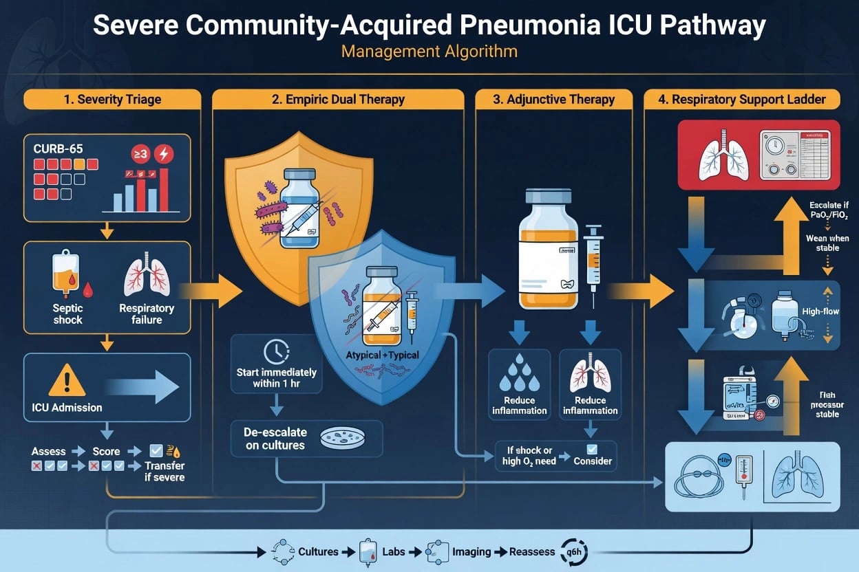 Management pathway for severe CAP in older adults antibiotics oxygen goals swallow assessment goals of care and rehab