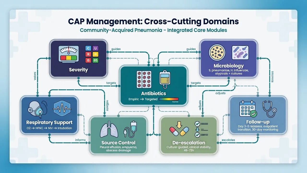 Cross-cutting CAP domains diagram: severity, microbiology, antibiotics, respiratory support, source control, de-escalation, and follow-up as interacting modules