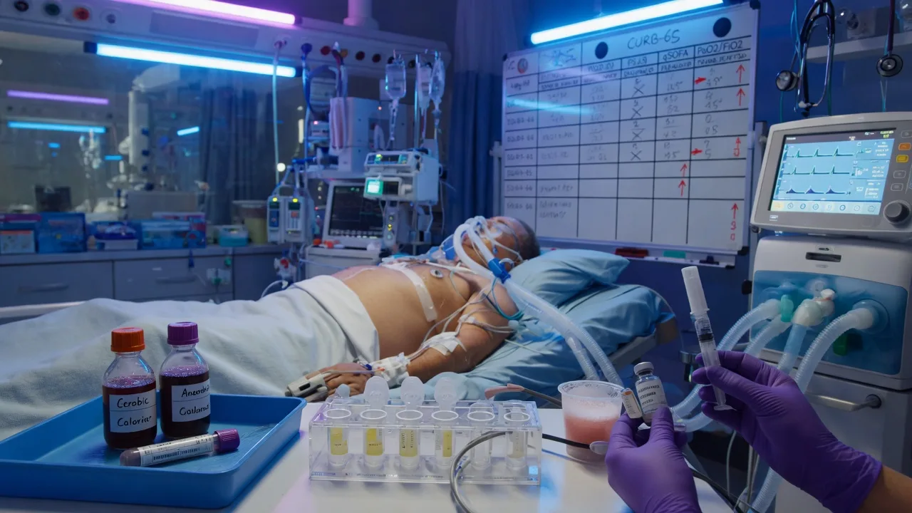 Cinematic ICU scene of a breathless febrile patient on high-flow nasal cannula, a CURB-65 and PSI severity score on a screen, blood culture bottles and a urinary antigen in the rack, empirical antibiotics drawn up, clinical-blue lighting, medical educational, no faces, no text